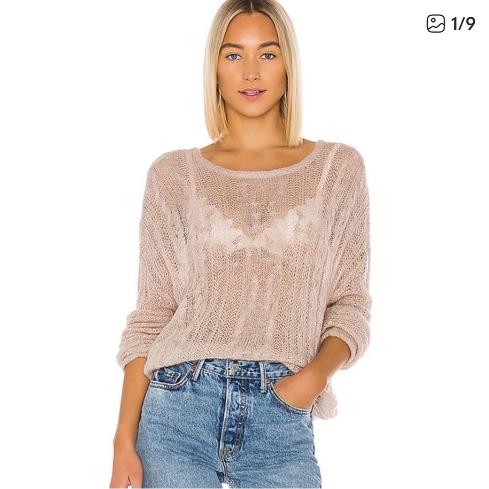Free People Angel soft Pink Crew Neck Sweater with Intricate Knit Design